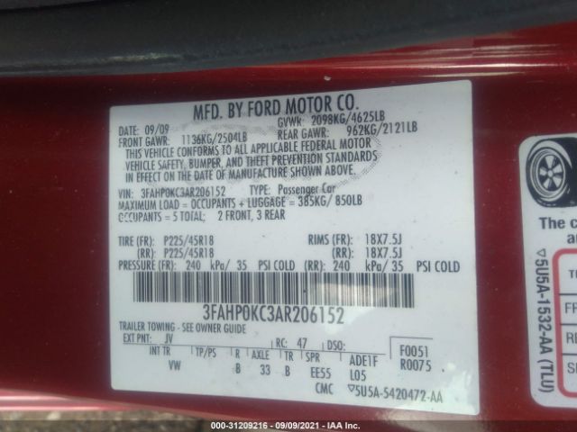 Photo 8 VIN: 3FAHP0KC3AR206152 - FORD FUSION 