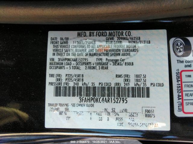 Photo 8 VIN: 3FAHP0KC4AR152795 - FORD FUSION 