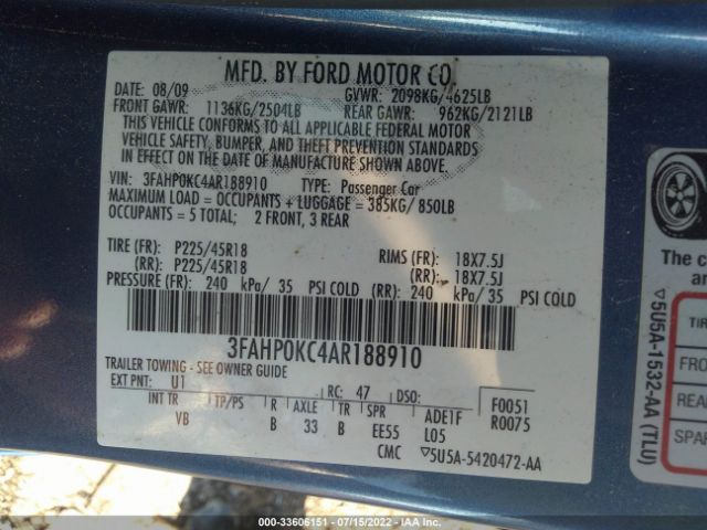 Photo 8 VIN: 3FAHP0KC4AR188910 - FORD FUSION 