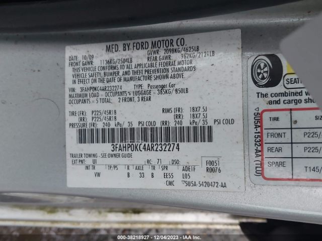 Photo 8 VIN: 3FAHP0KC4AR232274 - FORD FUSION 