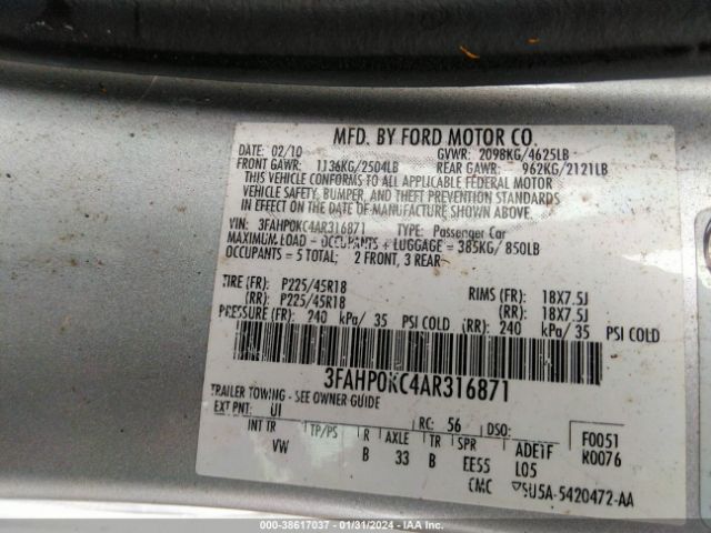 Photo 8 VIN: 3FAHP0KC4AR316871 - FORD FUSION 