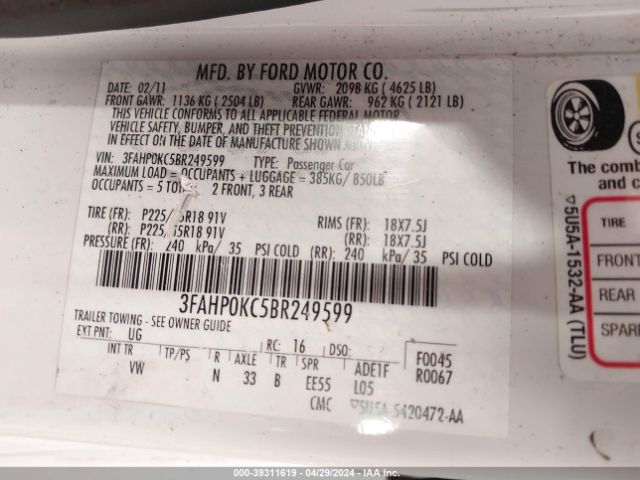 Photo 8 VIN: 3FAHP0KC5BR249599 - FORD FUSION 