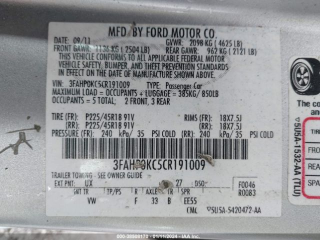 Photo 8 VIN: 3FAHP0KC5CR191009 - FORD FUSION 