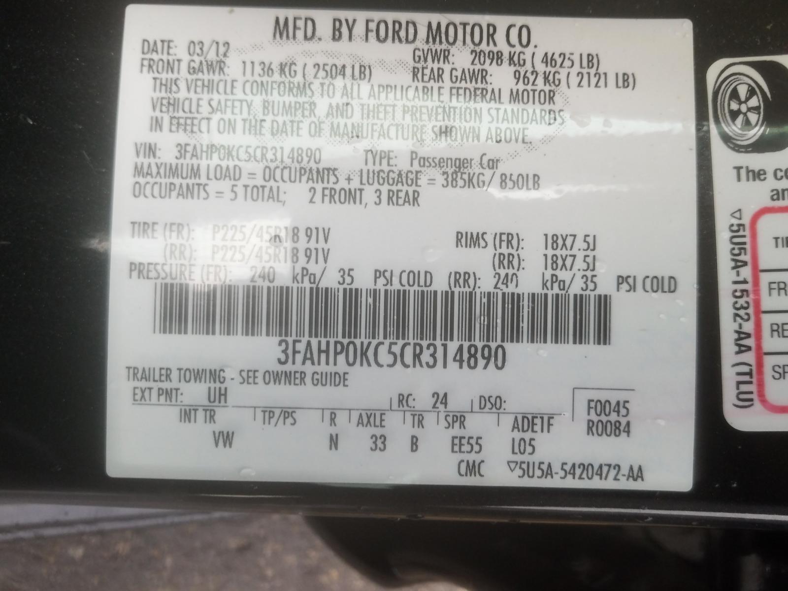 Photo 9 VIN: 3FAHP0KC5CR314890 - FORD FUSION 