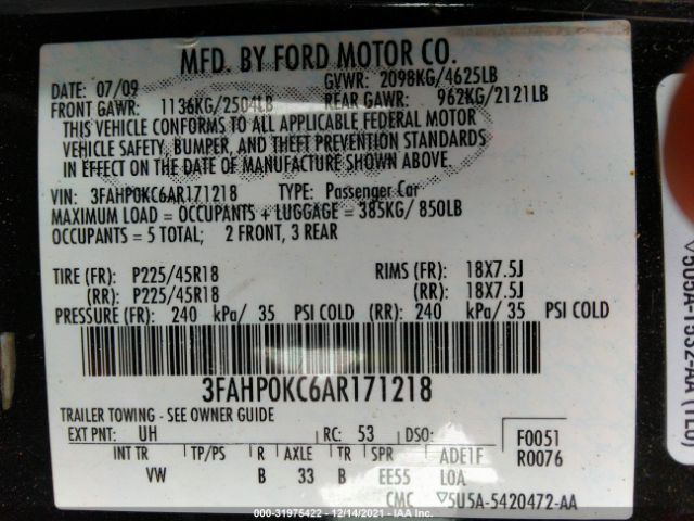 Photo 8 VIN: 3FAHP0KC6AR171218 - FORD FUSION 