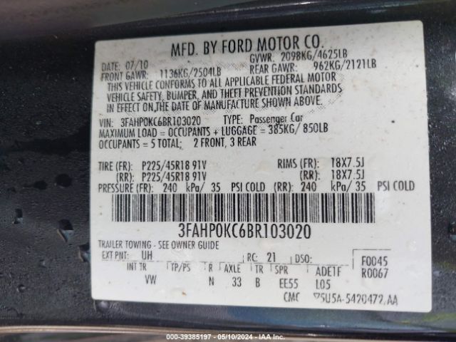 Photo 8 VIN: 3FAHP0KC6BR103020 - FORD FUSION 