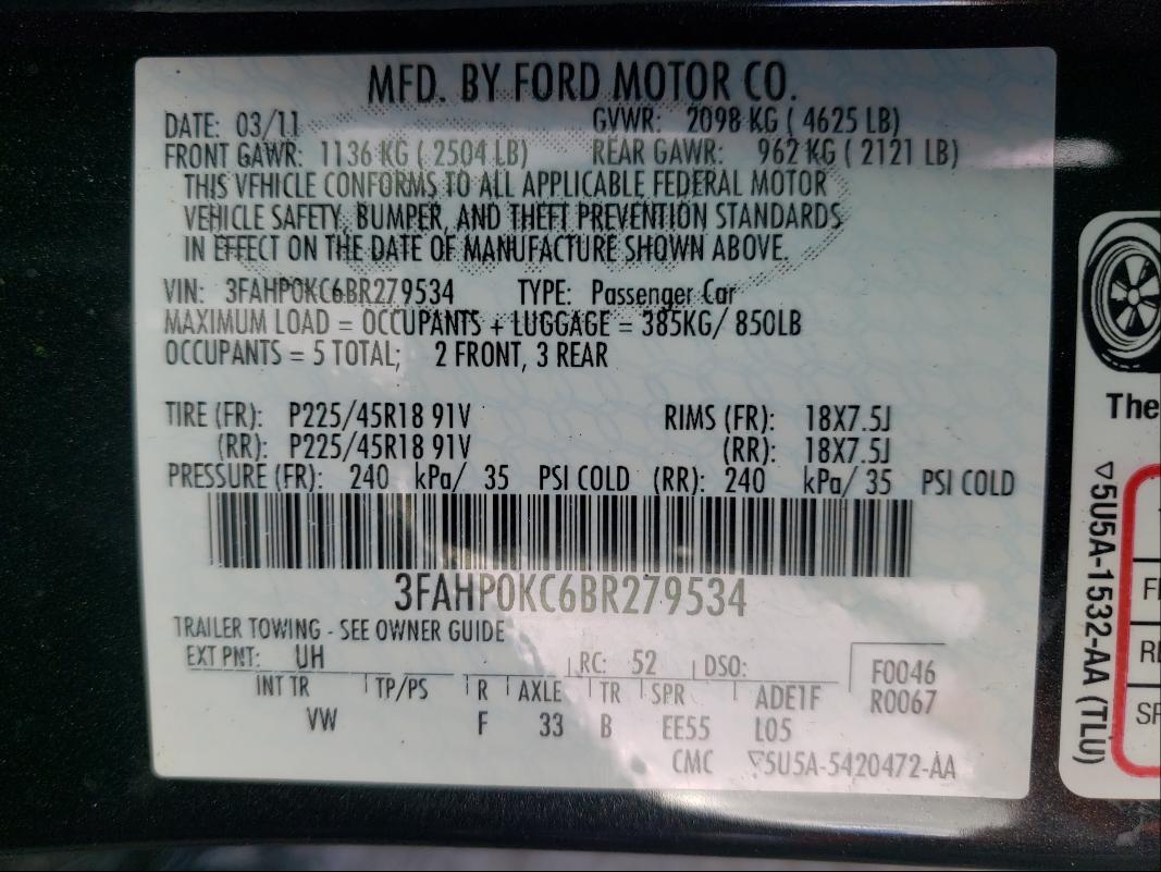 Photo 9 VIN: 3FAHP0KC6BR279534 - FORD FUSION SPO 