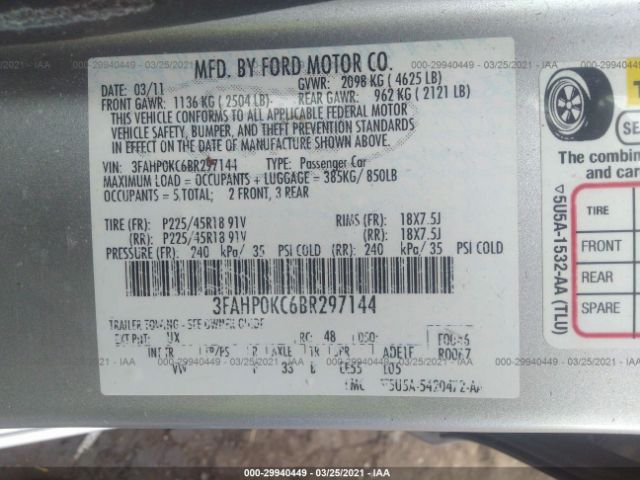 Photo 8 VIN: 3FAHP0KC6BR297144 - FORD FUSION 