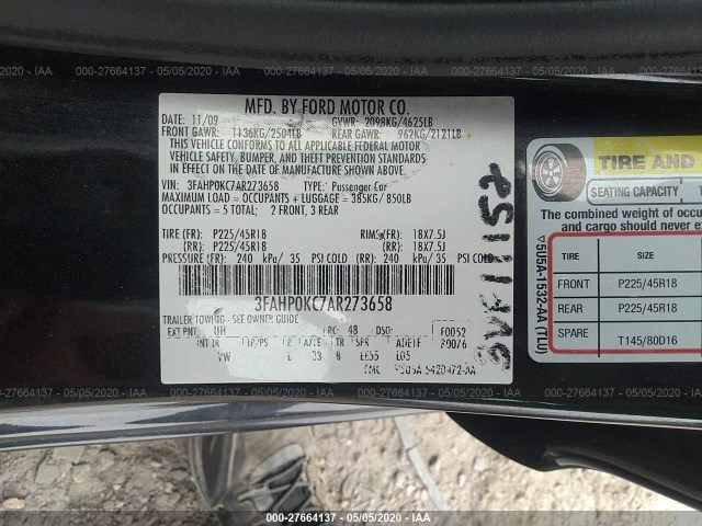 Photo 8 VIN: 3FAHP0KC7AR273658 - FORD FUSION 