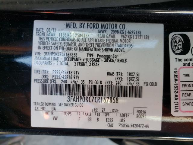 Photo 9 VIN: 3FAHP0KC7CR167858 - FORD FUSION SPO 