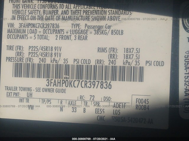 Photo 8 VIN: 3FAHP0KC7CR397836 - FORD FUSION 