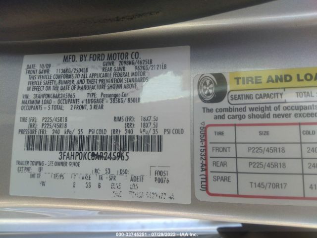 Photo 8 VIN: 3FAHP0KC8AR245965 - FORD FUSION 