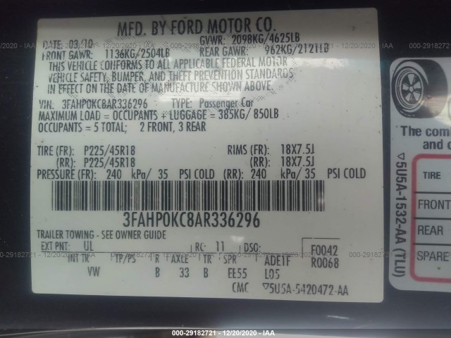 Photo 8 VIN: 3FAHP0KC8AR336296 - FORD FUSION 