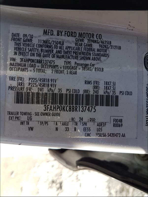 Photo 9 VIN: 3FAHP0KC8BR137475 - FORD FUSION SPO 