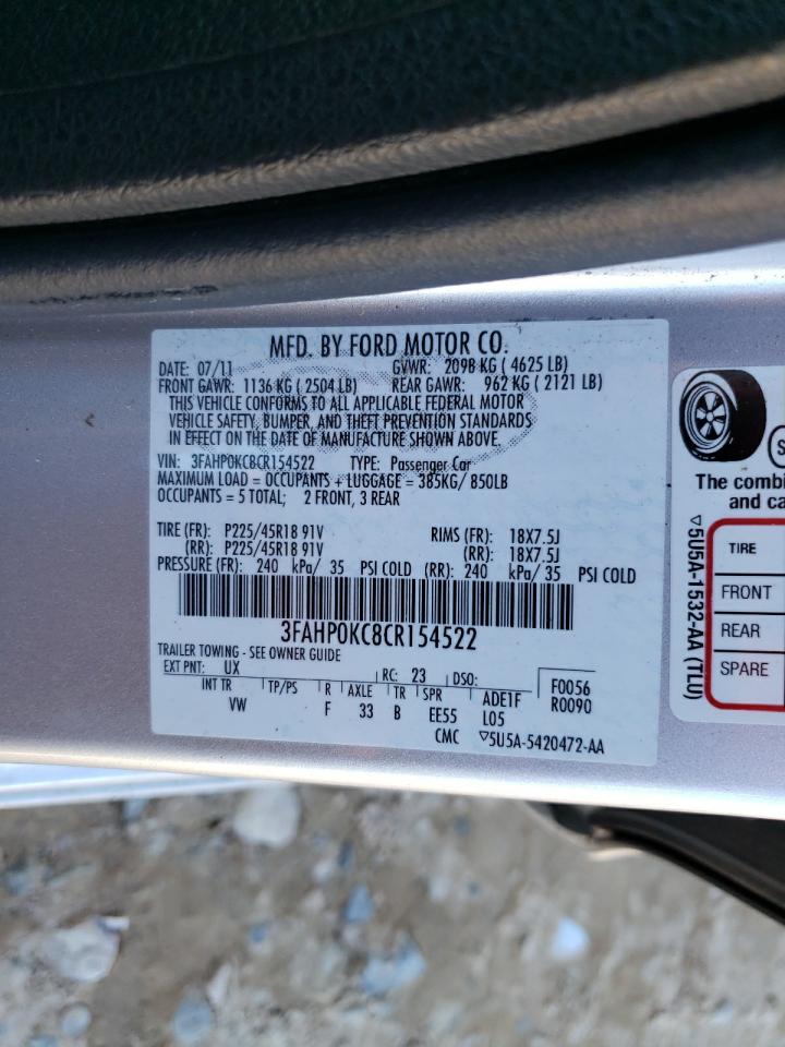 Photo 11 VIN: 3FAHP0KC8CR154522 - FORD FUSION 