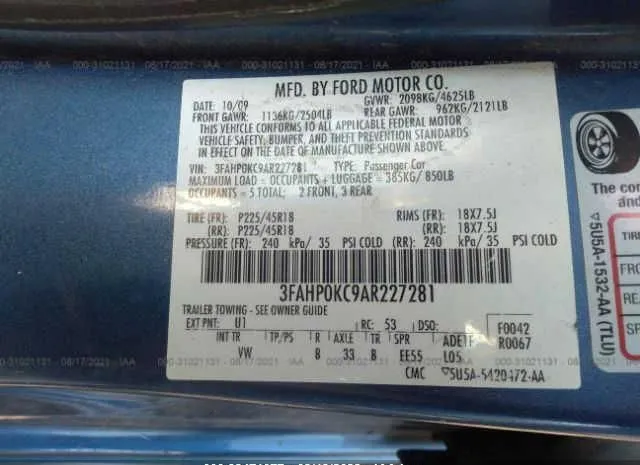 Photo 8 VIN: 3FAHP0KC9AR227281 - FORD FUSION 