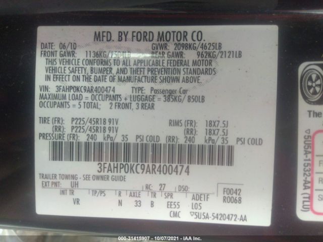 Photo 8 VIN: 3FAHP0KC9AR400474 - FORD FUSION 