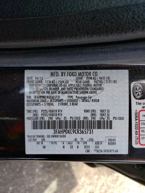 Photo 9 VIN: 3FAHP0KC9CR365731 - FORD FUSION SPO 