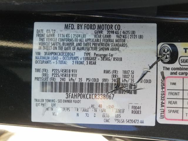 Photo 9 VIN: 3FAHP0KCXCR338067 - FORD FUSION SPO 