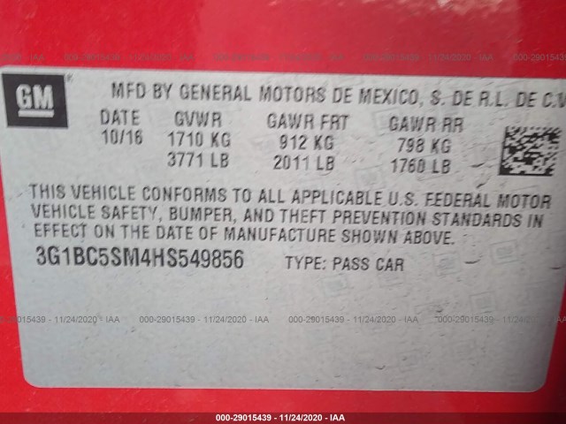 Photo 8 VIN: 3G1BC5SM4HS549856 - CHEVROLET CRUZE 