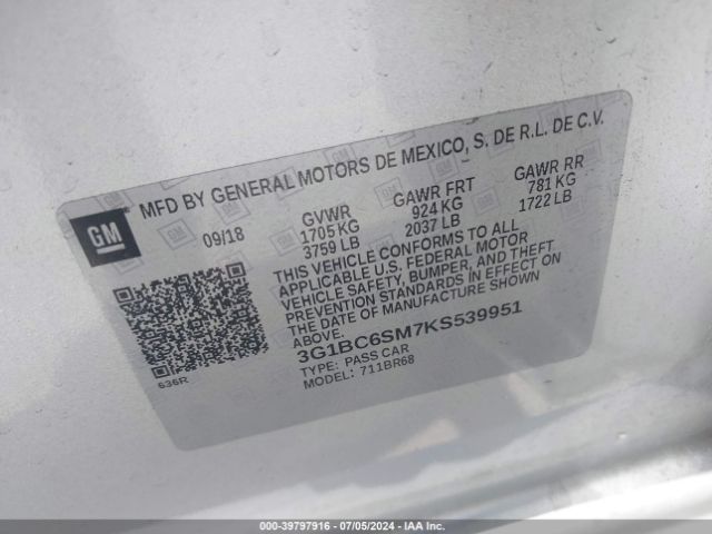 Photo 8 VIN: 3G1BC6SM7KS539951 - CHEVROLET CRUZE 