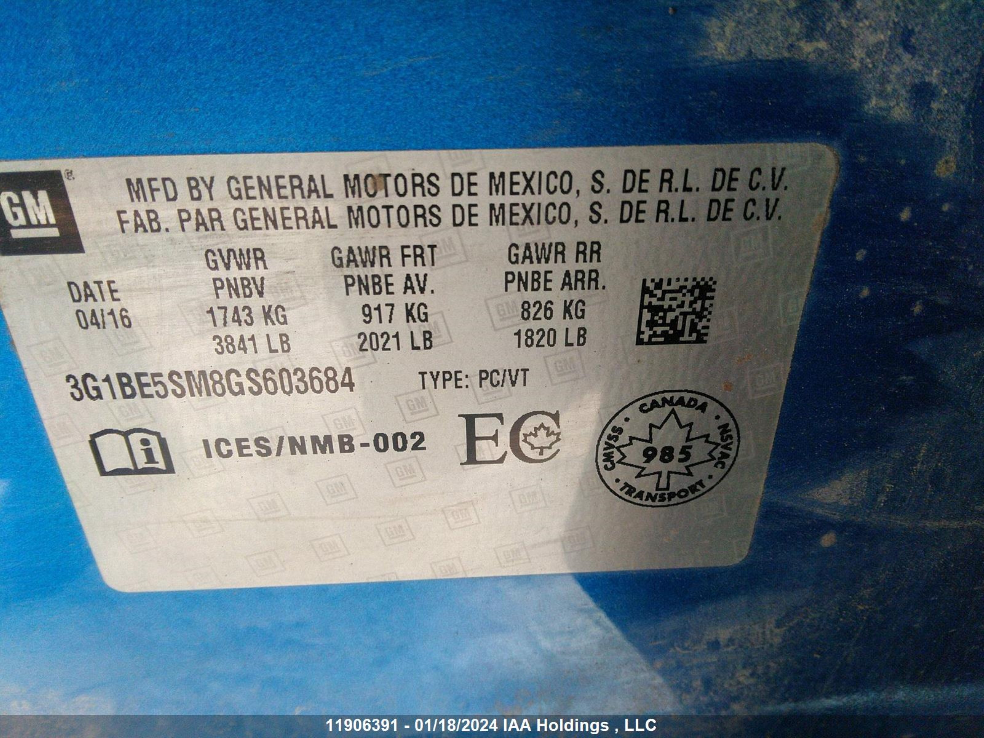 Photo 8 VIN: 3G1BE5SM8GS603684 - CHEVROLET CRUZE 