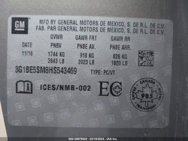 Photo 8 VIN: 3G1BE5SM8HS543469 - CHEVROLET CRUZE 