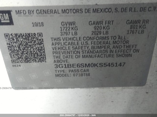 Photo 8 VIN: 3G1BE6SM0KS545147 - CHEVROLET CRUZE 