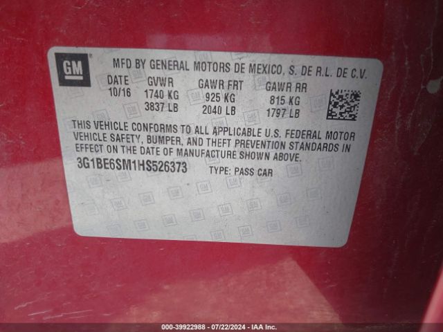 Photo 8 VIN: 3G1BE6SM1HS526373 - CHEVROLET CRUZE 