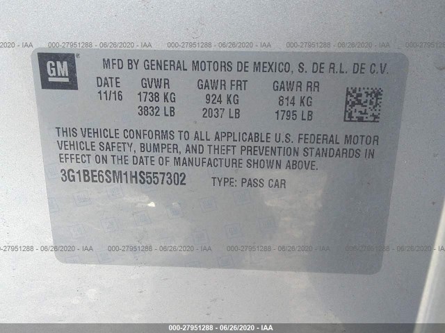 Photo 8 VIN: 3G1BE6SM1HS557302 - CHEVROLET CRUZE 