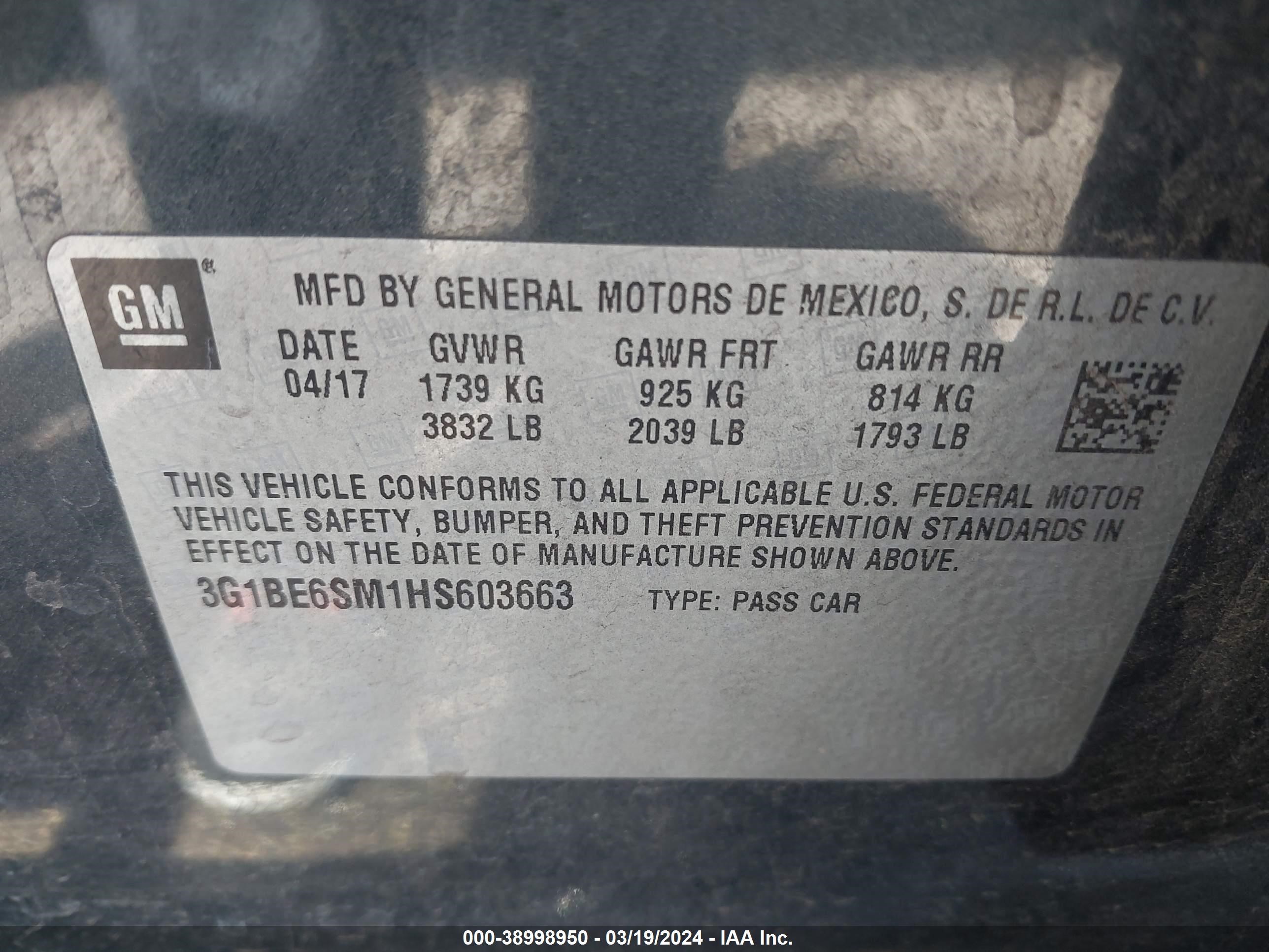 Photo 8 VIN: 3G1BE6SM1HS603663 - CHEVROLET CRUZE 