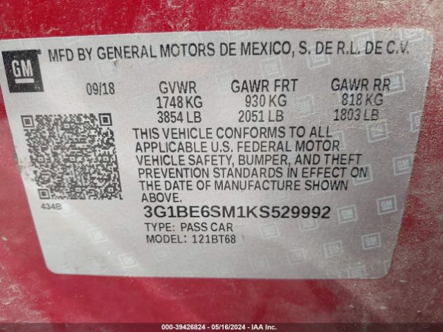 Photo 8 VIN: 3G1BE6SM1KS529992 - CHEVROLET CRUZE 