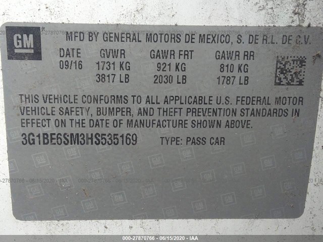 Photo 8 VIN: 3G1BE6SM3HS535169 - CHEVROLET CRUZE 