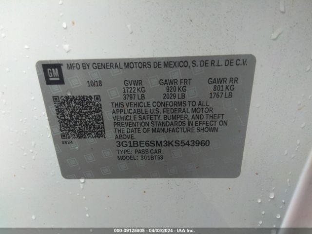 Photo 8 VIN: 3G1BE6SM3KS543960 - CHEVROLET CRUZE 