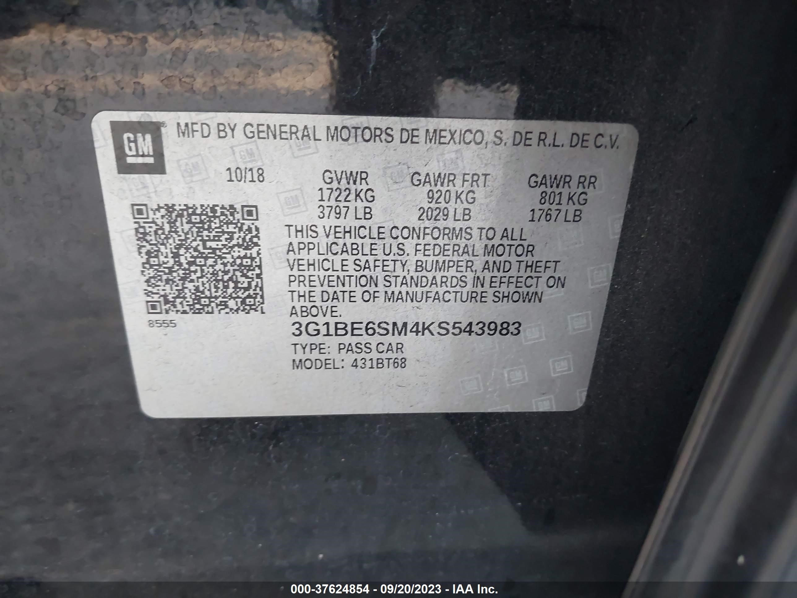 Photo 8 VIN: 3G1BE6SM4KS543983 - CHEVROLET CRUZE 