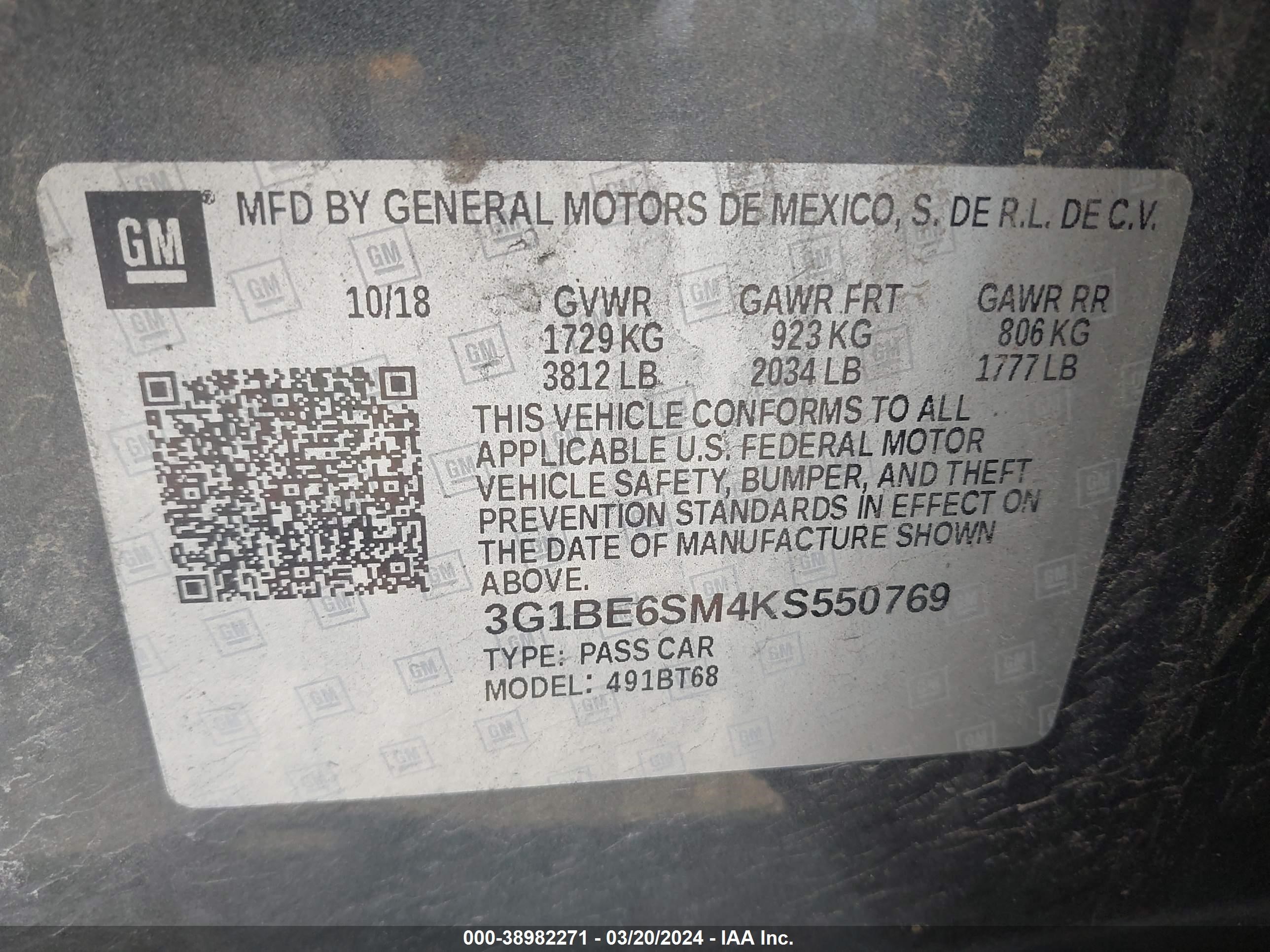 Photo 8 VIN: 3G1BE6SM4KS550769 - CHEVROLET CRUZE 