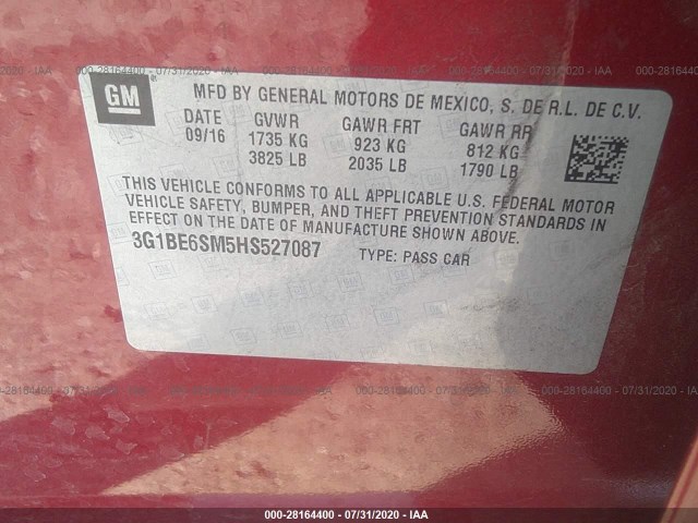 Photo 8 VIN: 3G1BE6SM5HS527087 - CHEVROLET CRUZE 