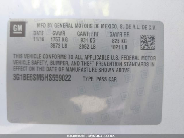 Photo 8 VIN: 3G1BE6SM5HS559022 - CHEVROLET CRUZE 