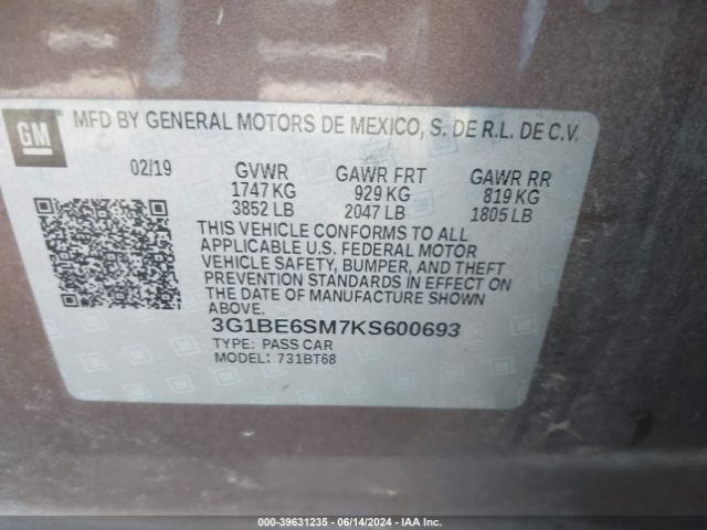 Photo 8 VIN: 3G1BE6SM7KS600693 - CHEVROLET CRUZE 