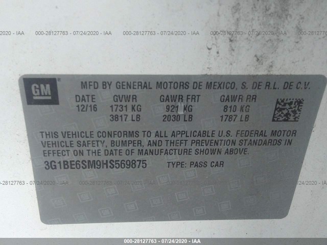 Photo 8 VIN: 3G1BE6SM9HS569875 - CHEVROLET CRUZE 