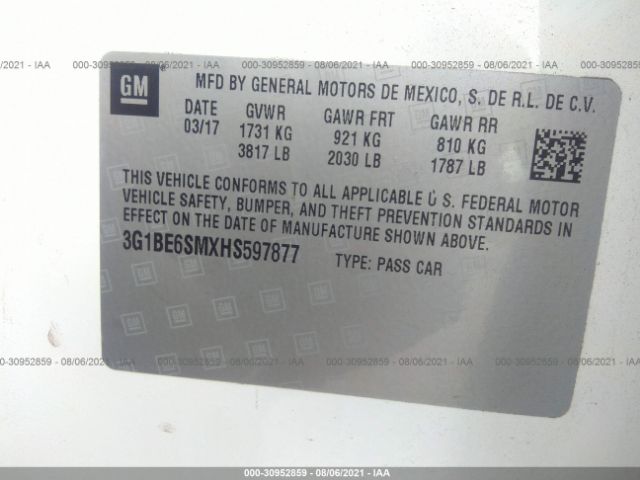 Photo 8 VIN: 3G1BE6SMXHS597877 - CHEVROLET CRUZE LT 