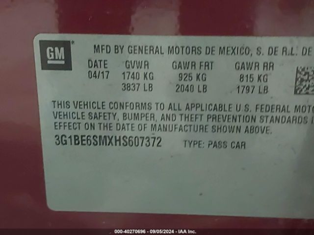 Photo 8 VIN: 3G1BE6SMXHS607372 - CHEVROLET CRUZE 