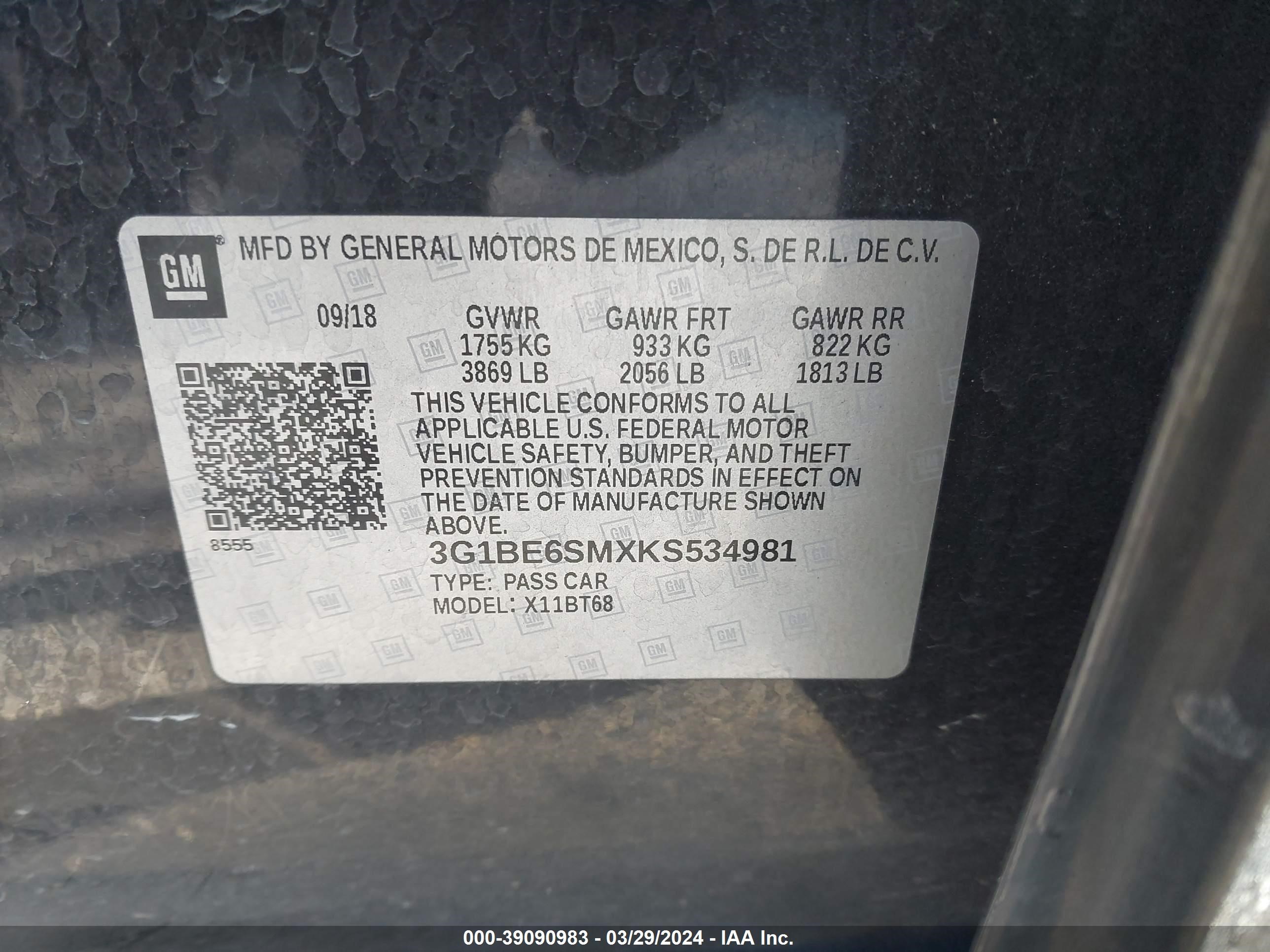 Photo 8 VIN: 3G1BE6SMXKS534981 - CHEVROLET CRUZE 