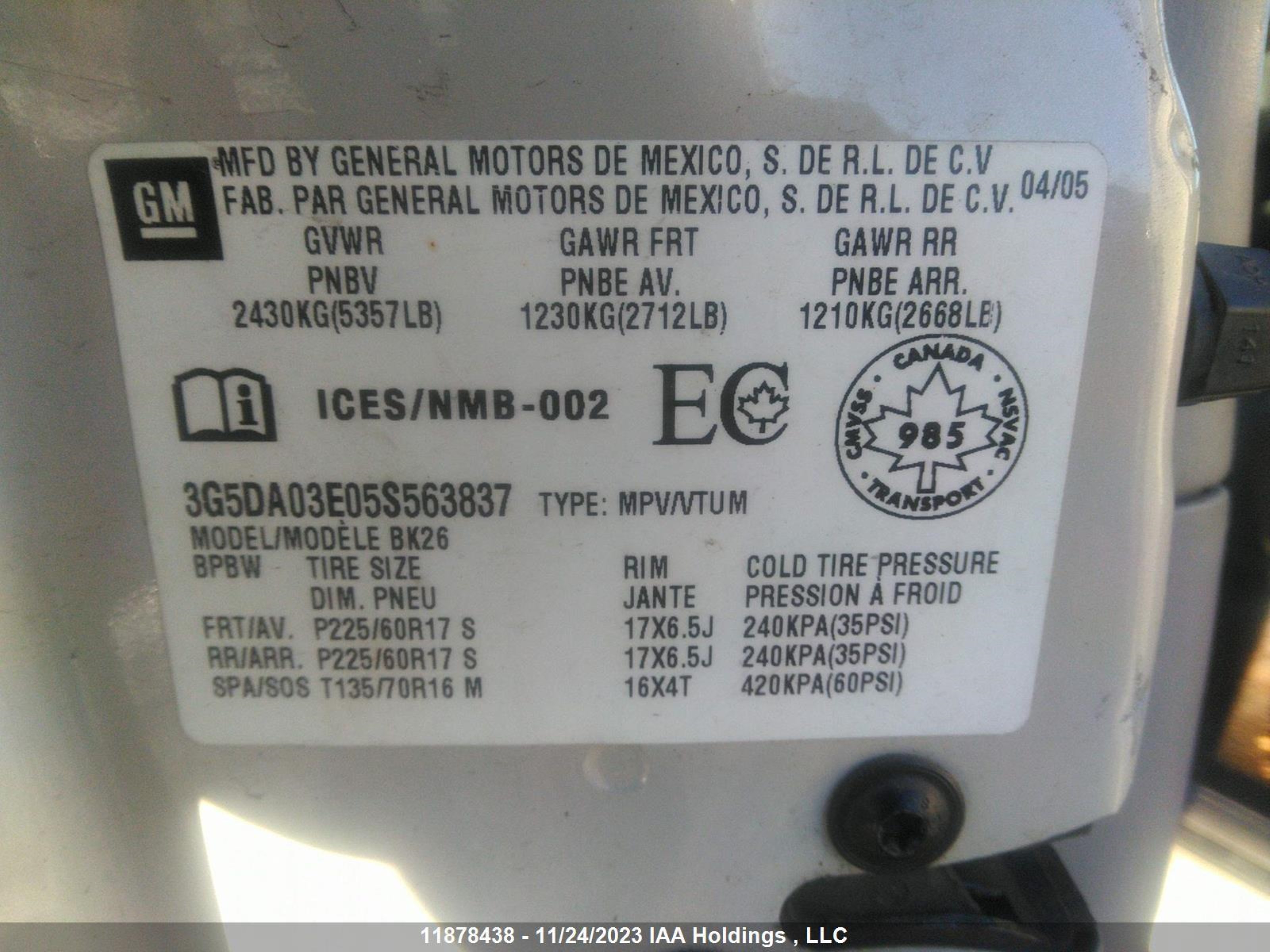 Photo 8 VIN: 3G5DA03E05S563837 - BUICK RENDEZVOUS 