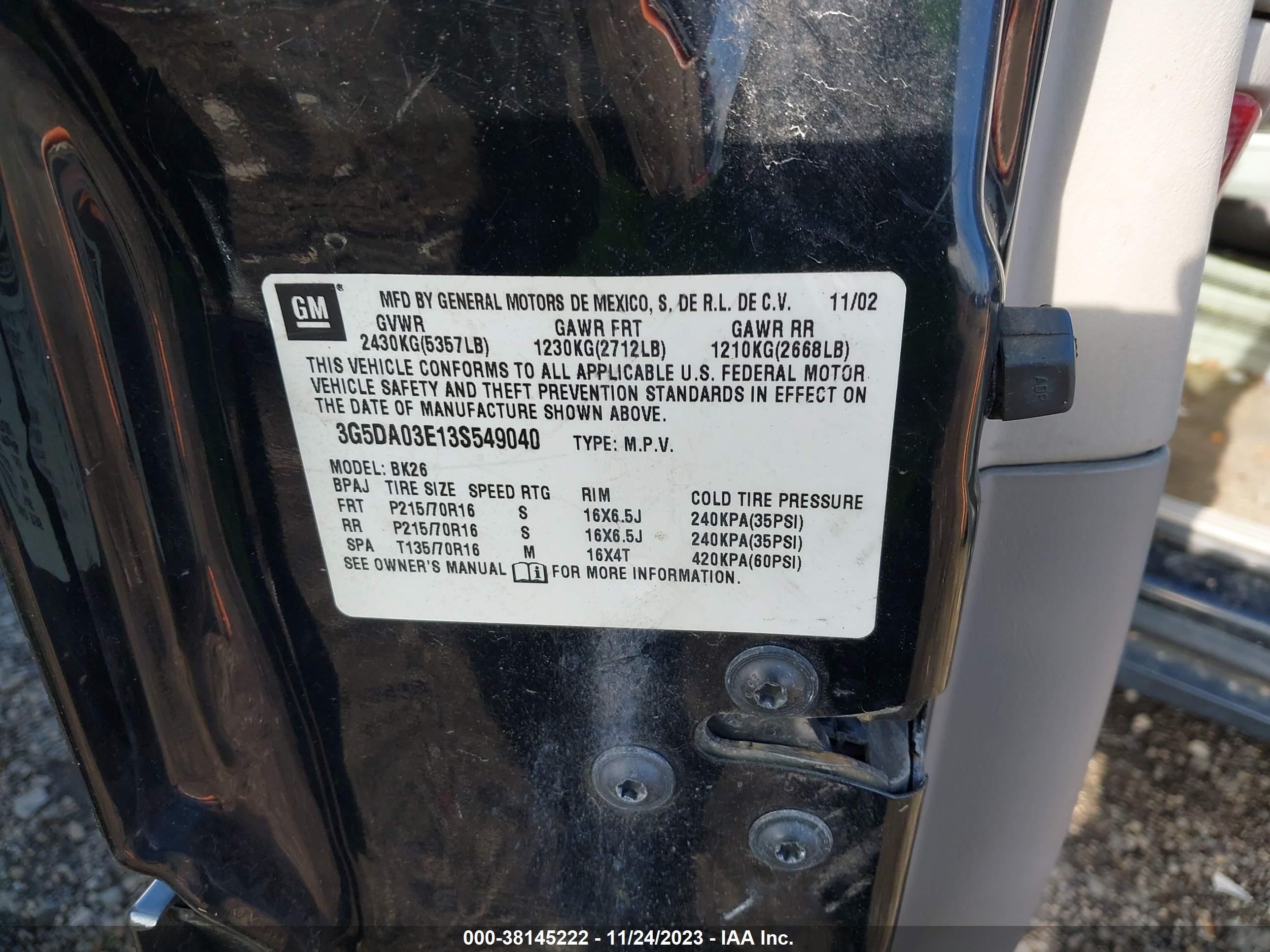 Photo 8 VIN: 3G5DA03E13S549040 - BUICK RENDEZVOUS 