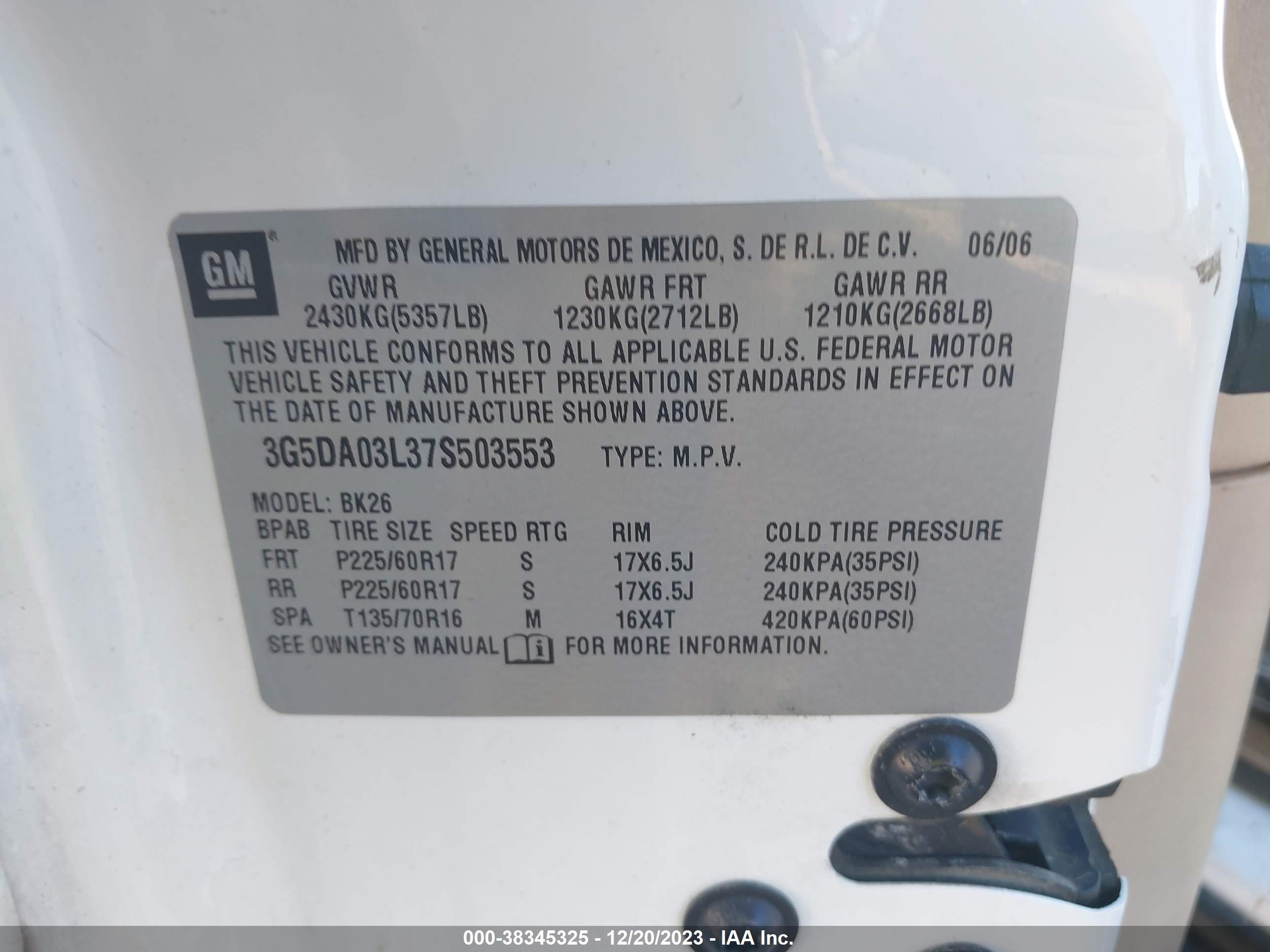 Photo 8 VIN: 3G5DA03L37S503553 - BUICK RENDEZVOUS 