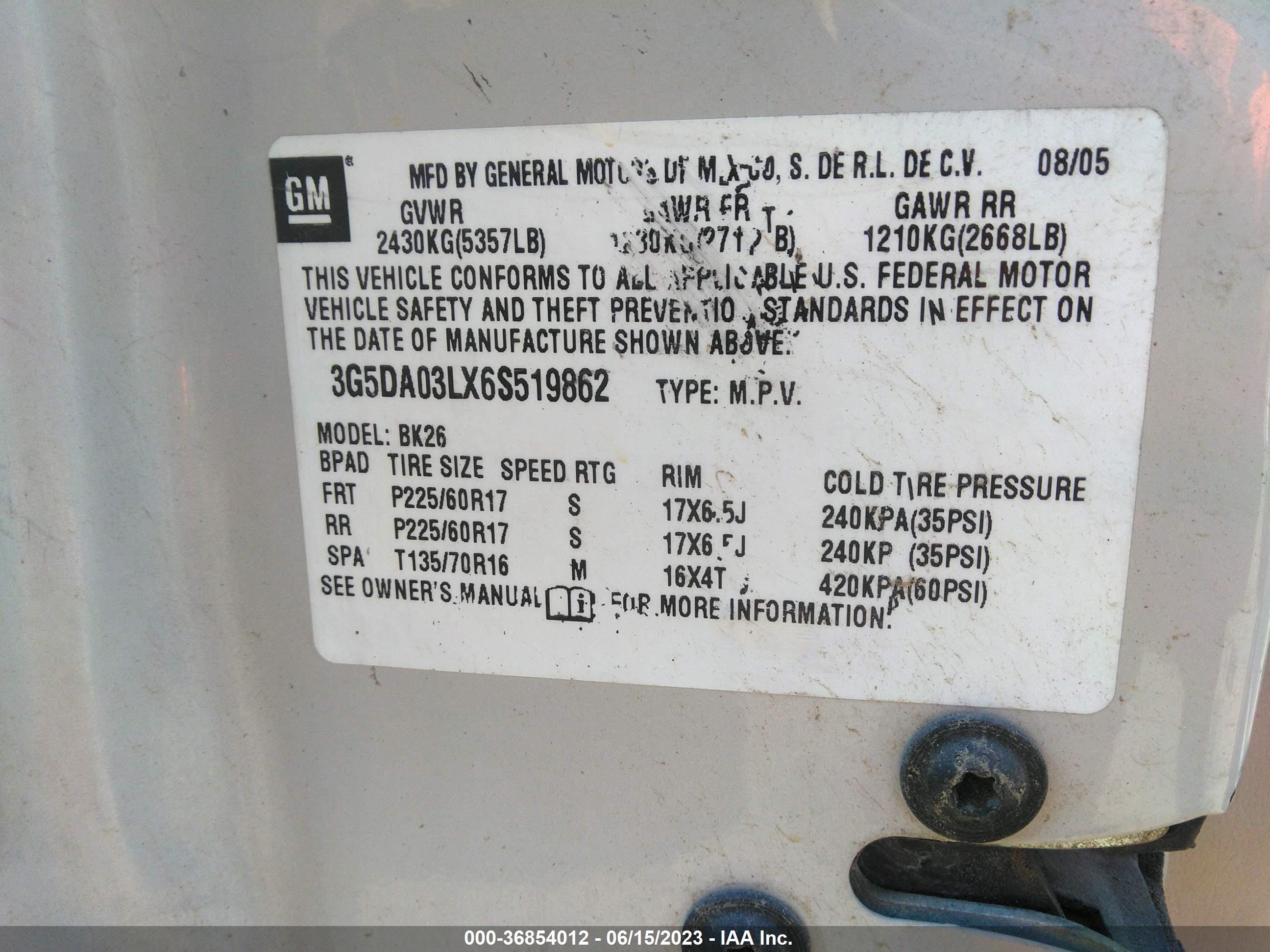 Photo 8 VIN: 3G5DA03LX6S519862 - BUICK RENDEZVOUS 