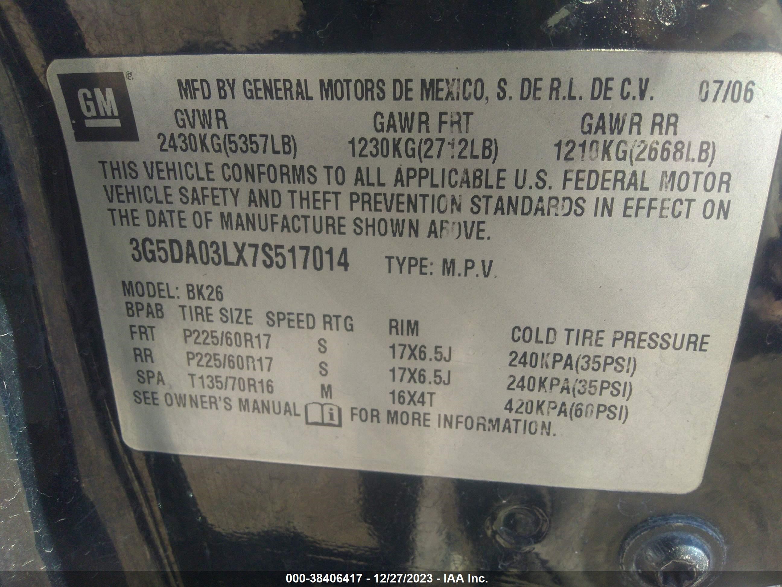 Photo 8 VIN: 3G5DA03LX7S517014 - BUICK RENDEZVOUS 