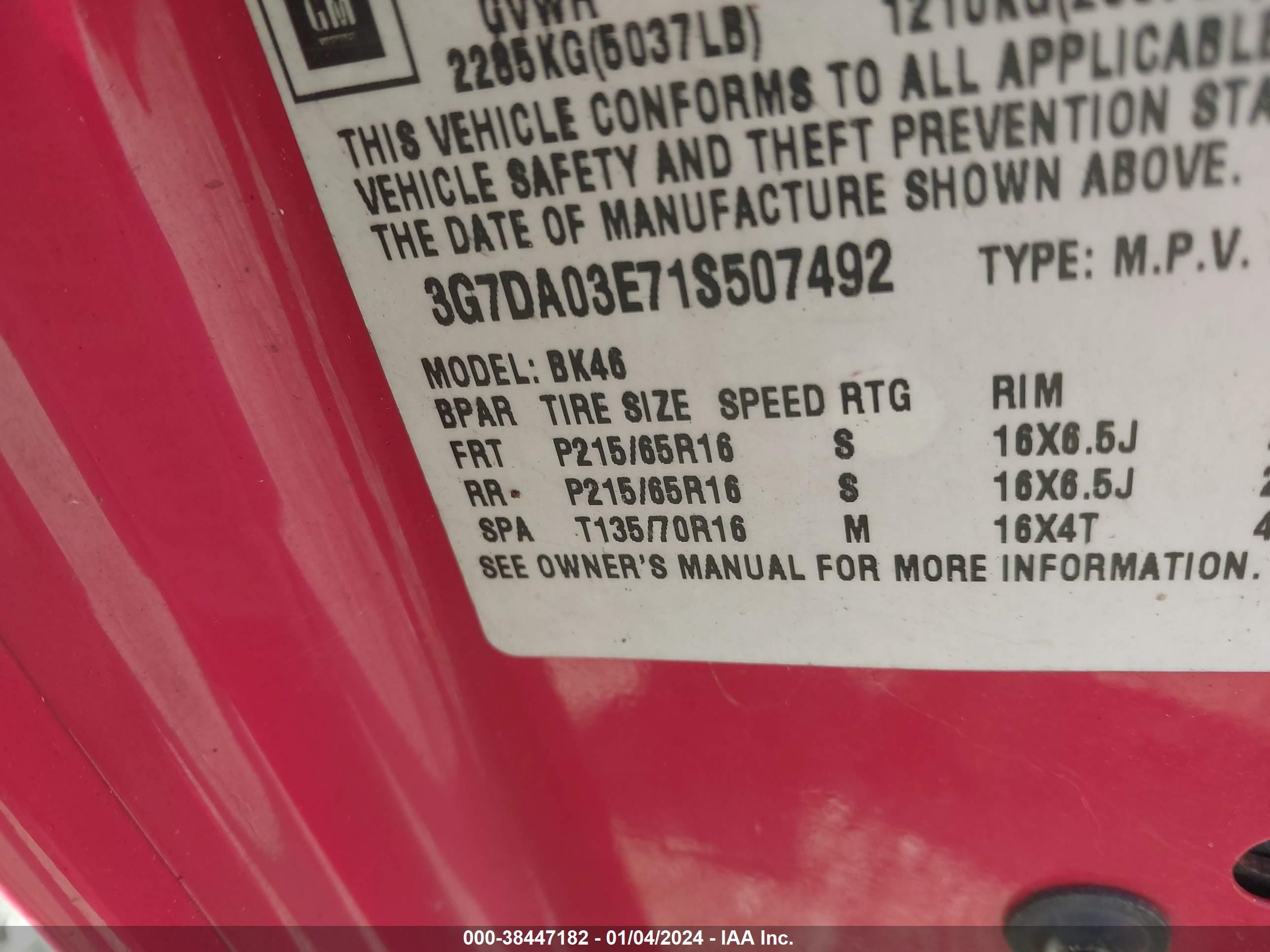 Photo 8 VIN: 3G7DA03E71S507492 - PONTIAC AZTEK 