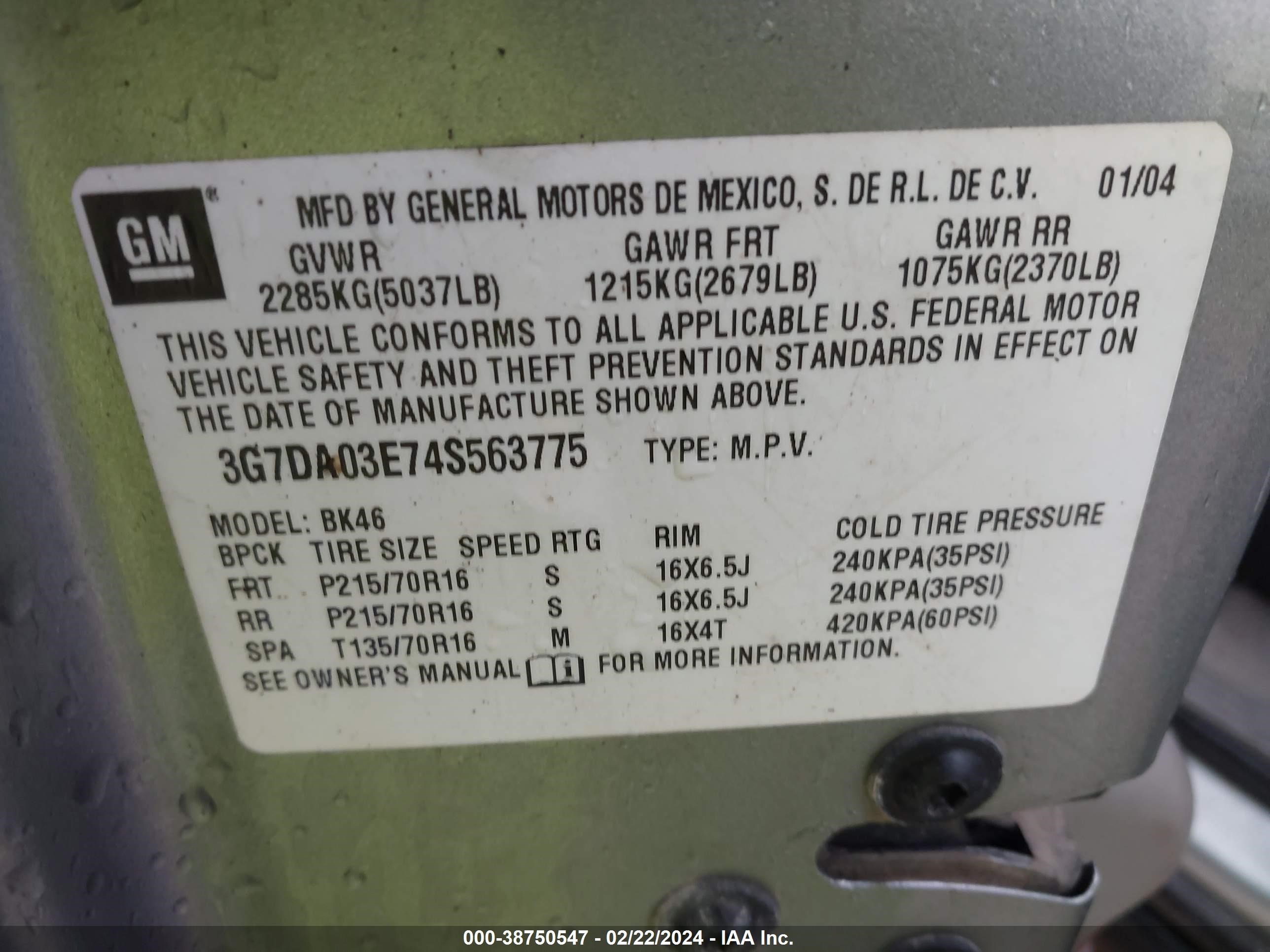 Photo 8 VIN: 3G7DA03E74S563775 - PONTIAC AZTEK 